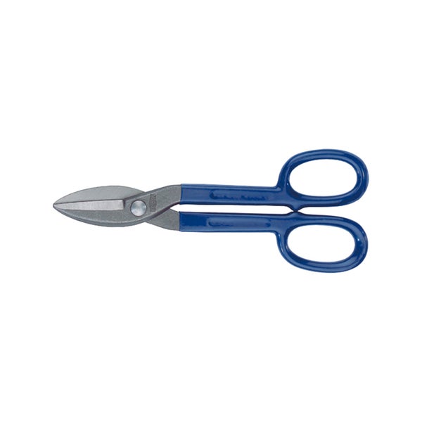 Blechschere mit kurzen Stahlklingen und blauen Griffen.