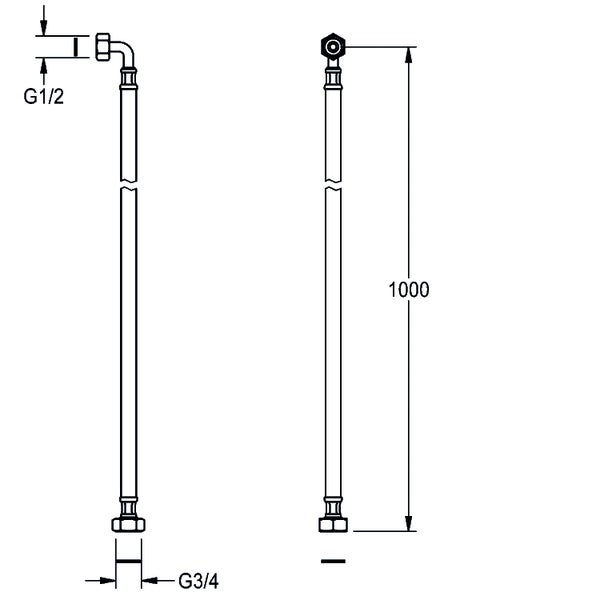 Technische Zeichnung eines flexiblen Anschlussschlauchs, Länge 1000 Millimeter, G 1/2 Zoll Winkelanschluss und G 3/4 Zoll Anschluss.