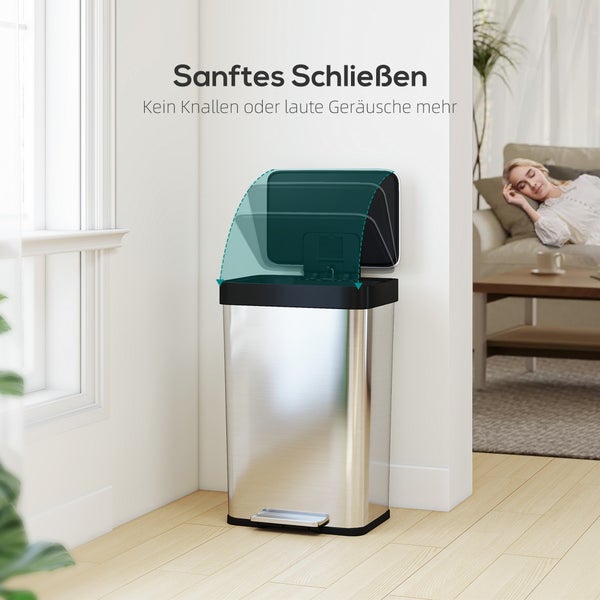 HOMCOM Mülleimer Küche 60 L Treteimer mit Soft-Close-Deckel, Offenhaltefunktion und Pedal Abfalleimer mit Fächer für Deodorant Abfallsammler, Edelstahl, Silber, 44 x 36 x 66,5 cm