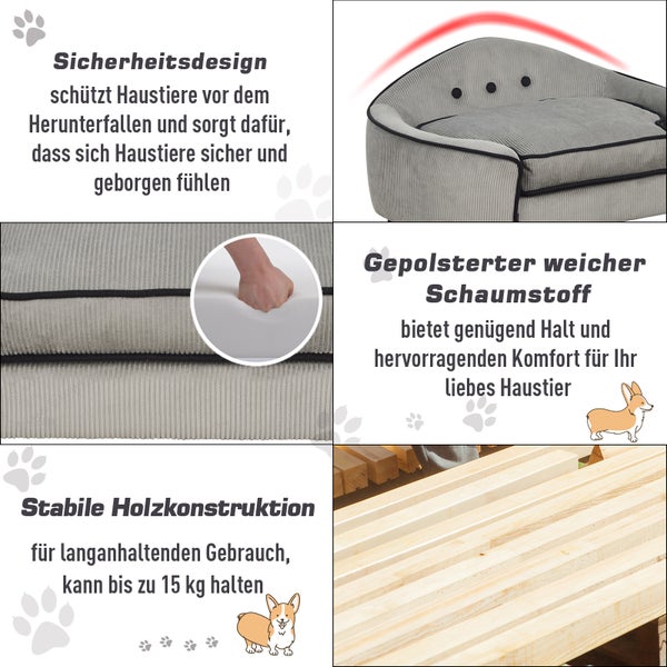 PawHut Haustiersofa, Hundebett, Hundematte, Hundesofa, Naturholz+Plüsch, Grau, 66,5 x 45 x 35,5 cm