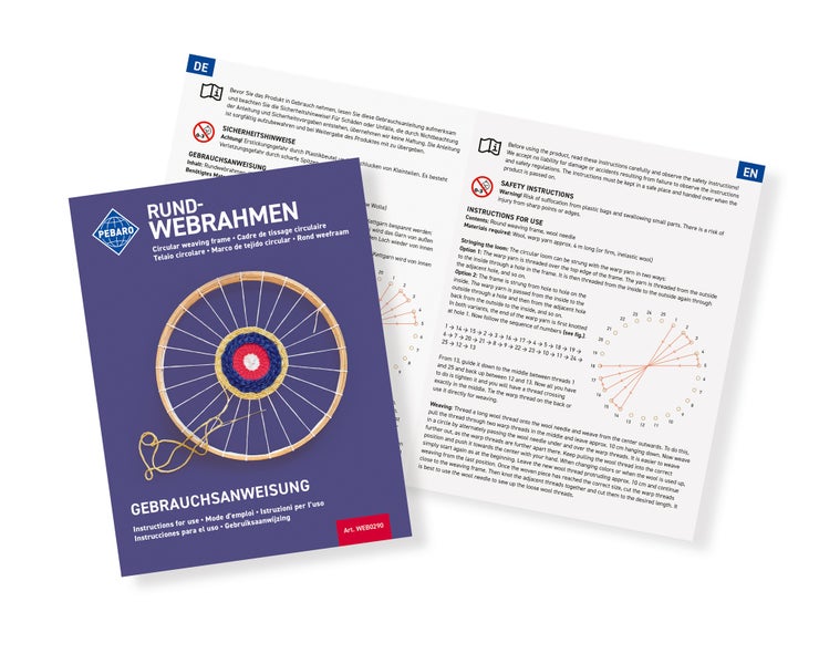 Gebrauchsanweisung für Pebaro Rundwebrahmen mit Illustrationen und Sicherheitshinweisen für Handarbeitsprojekte.