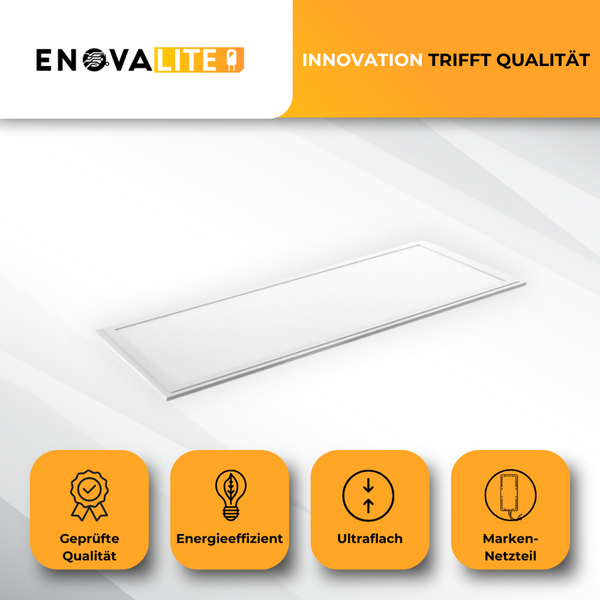 EnovaLite Logo. Deckenleuchte mit den Zeichen Geprüfte Qualität, Energieeffizient, Ultraflach und Marken-Netzteil