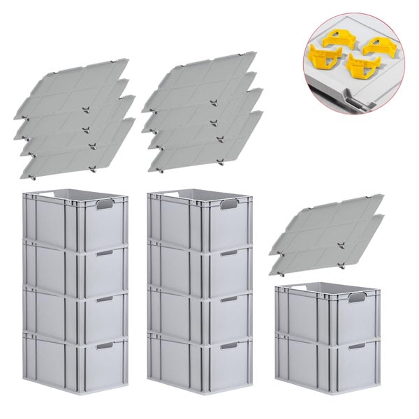 PROREGAL Spar Set 10x Eurobox Nextgen Economy Mit Auflagedeckel & 4x Schiebeschnappverschlüsse Gelb Griffe Offen HxBxT 32 x 40 x 60 cm 65 Liter