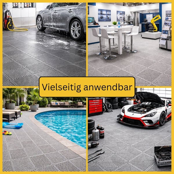 Modulare Bodenfliesen in Garage, Büro, Poolbereich und Werkstatt. Vielseitig anwendbar.