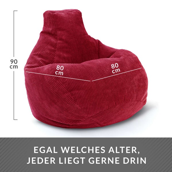 Green Bean Sitzsack mit Rückenlehne 80x80x90cm - Gaming Chair mit 230L Füllung Cordstoff - Bean Bag Bodenkissen Lounge Sitzhocker Relax-Sessel Gamer Gamingstuhl Rot