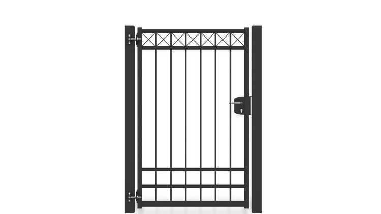 Gartentor ZAUNGURU BASIC-Linie Oldenburg Kreuz aus Metall, Höhe: 163cm, Breite: 123cm, 1-flügelig inkl. Pfosten, Schloss und Zubehör, Feuerverzinkt und in RAL 7016 Anthrazitgrau pulverbeschichtet