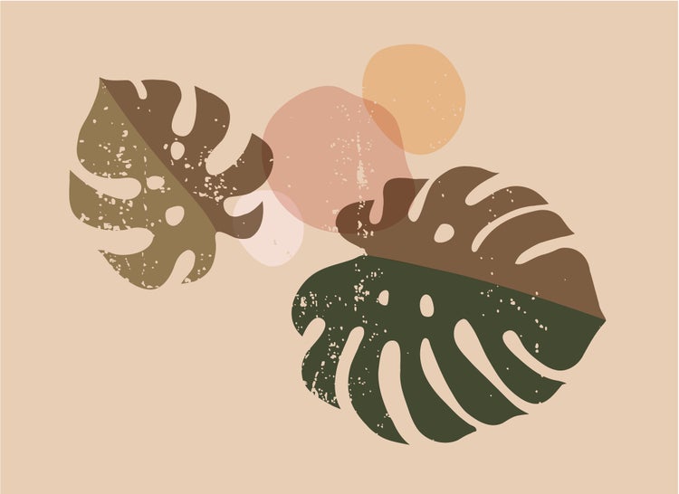 Abstraktes Wandbild mit zwei Monstera-Blättern und geometrischen Kreisen im modernen Boho-Stil.