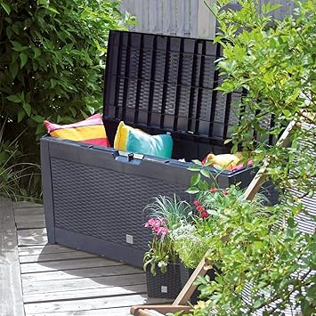 PROREGAL CAP’N COOK klappbare Gartenbox LxBxH 119 x 48 x 60 cm310 Liter Stauraum PlatzKissenbox mit DeckelHaltegriffe und Rollen Flechtoptik Grau Anthrazit