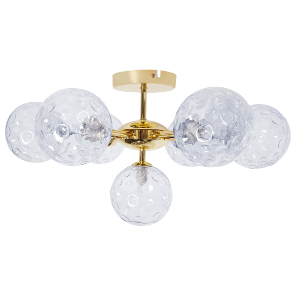 Deckenleuchte mit sechs strukturierten Glaskugeln und goldfarbener Metallhalterung.