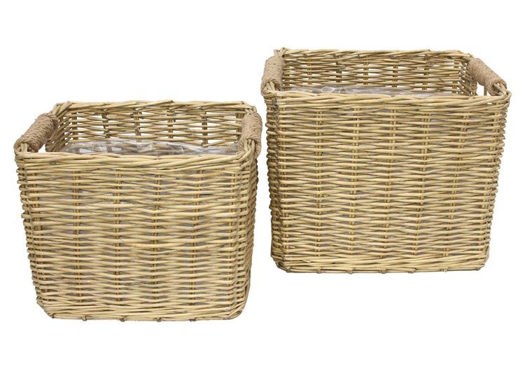 FRANK FLECHTWAREN | Pflanzkorb Weiden-Chic, 2er Set, WEIDE, MDF, FOLIE, JUTE, 52 x 39 x 43 cm, 44 x 31 x 37 cm