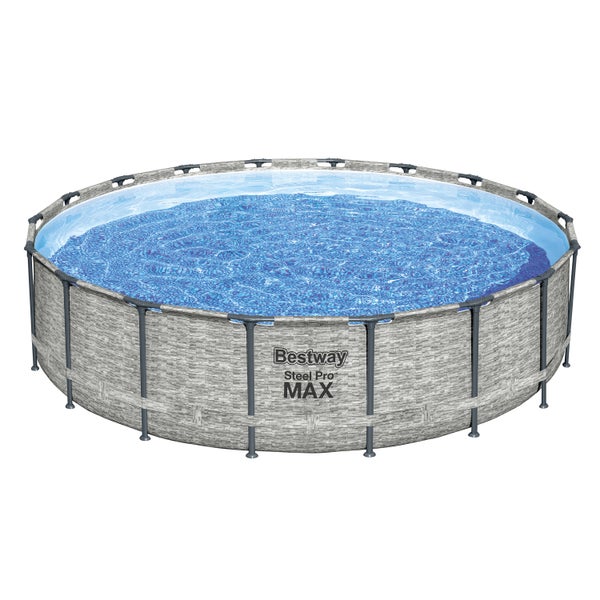 Runder Bestway Steel Pro MAX Rahmenpool mit Steinoptik und Stahlgestell, mit Wasser gefüllt.