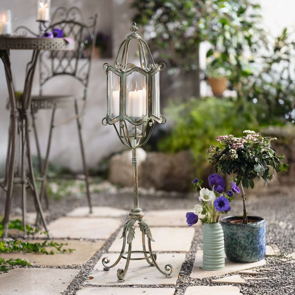 FRANK FLECHTWAREN | Standlaterne Shabby-Grey, 36,5 x 27 x 112 cm, METALL, GLAS