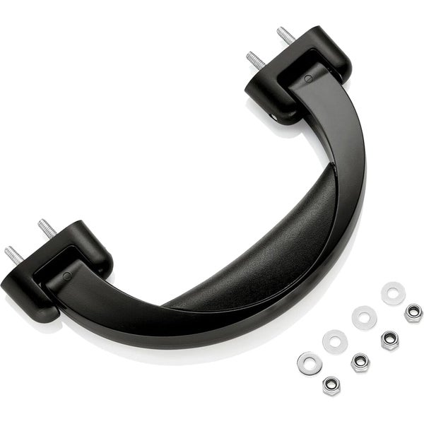 Schwarzer Kunststoffgriff mit integrierten Schrauben, vier Unterlegscheiben und vier Muttern.