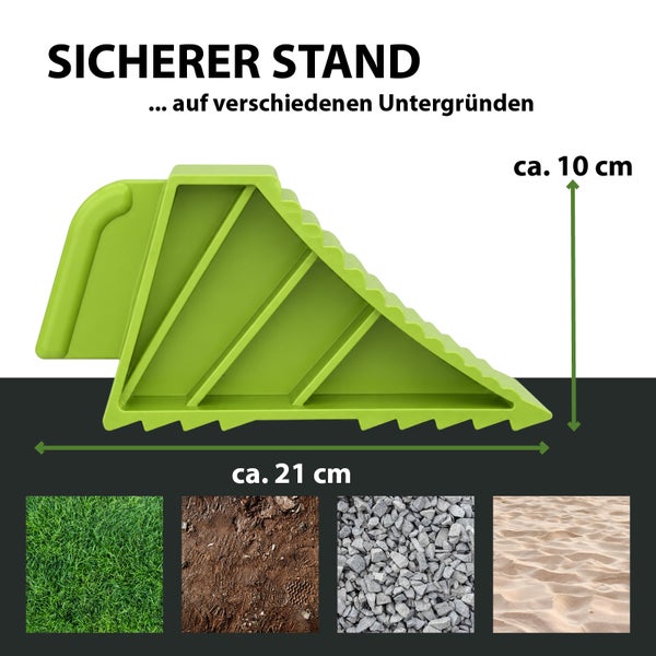Unterlegkeil für sicheren Stand auf verschiedenen Untergründen wie Gras, Erde, Kies und Sand, Maße circa 21 mal 10 Zentimeter.