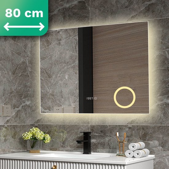 Mirlux Badezimmerspiegel mit LED Beleuchtung, Wandspiegel Rund, Anti Kondensations Duschspiegel 80X60CM