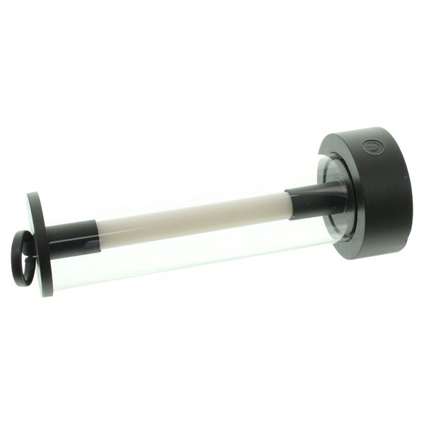 Zylindrische LED-Außenleuchte aus Kunststoff mit transparentem Gehäuse, schwarzem Sockel mit Einschaltsymbol und Aufhängeschlaufe.