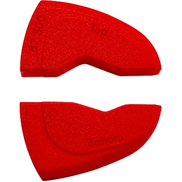 Zwei rote Formstücke für Formsteine, mit der Aufschrift 'Top' und 'Bottom'.