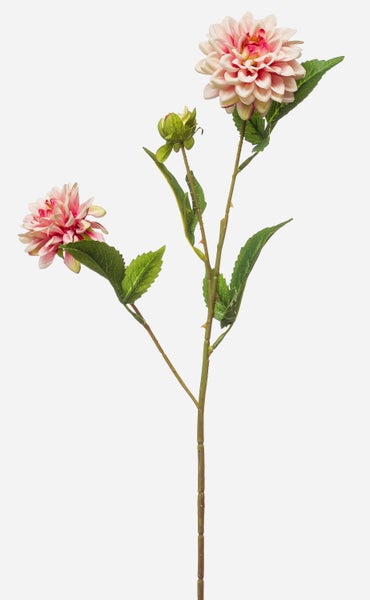 Künstliche Dahlienblüte aus Textil in Rosa und Creme mit grünen Blättern.