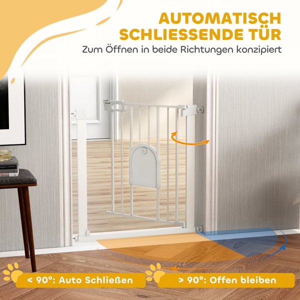 Weißes Türschutzgitter aus Metall mit Katzenklappe, öffnet in beide Richtungen, schließt automatisch unter 90 Grad.
