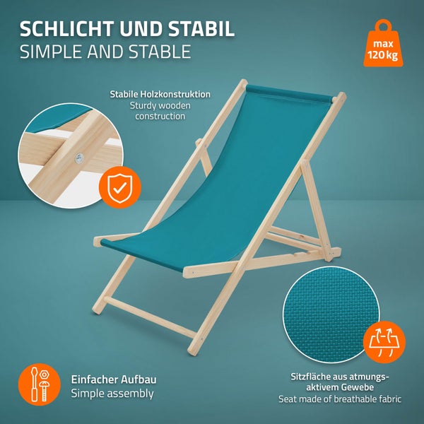 Stabiler Holz-Liegestuhl mit türkisfarbener, atmungsaktiver Sitzfläche, belastbar bis 120 Kilogramm, einfacher Aufbau.