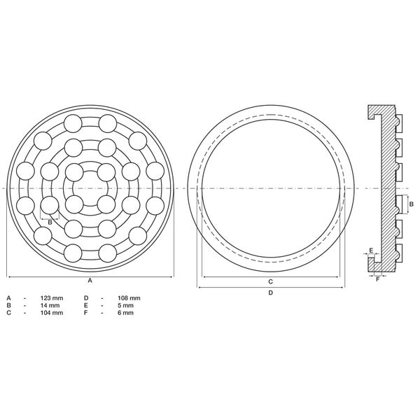 Technische Zeichnung eines kreisförmigen Bauteils mit Maßen in Millimeter: A 123, B 14, C 104, D 108, E 5, F 6.