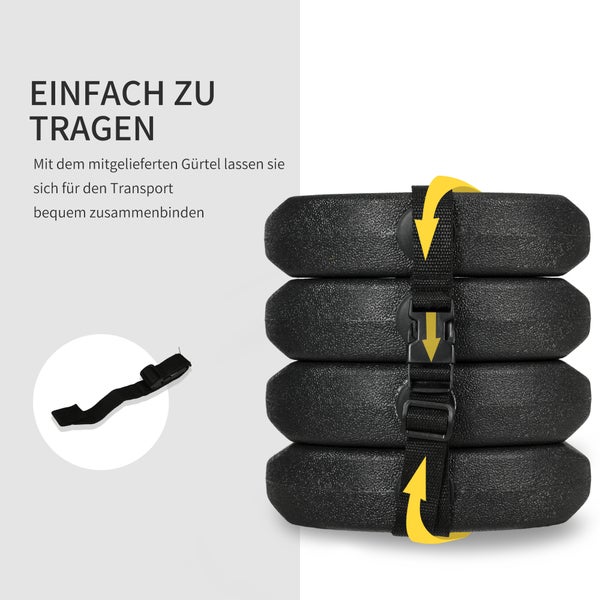 Vier schwarze Gewichtsplatten für Schirmständer, mit einem schwarzen Spanngurt für den Transport zusammengebunden.