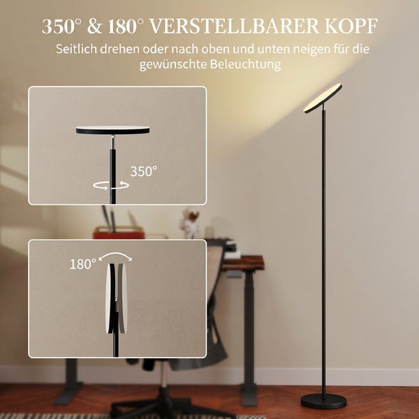 Moderne LED-Stehleuchte in Schwarz mit um 350 Grad drehbarem und 180 Grad neigbarem Kopf für individuell einstellbares Licht.