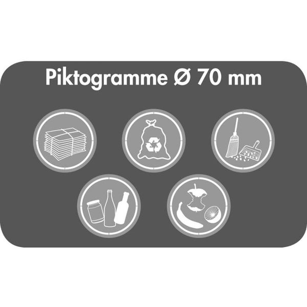 Piktogramme mit 70 mm Durchmesser für Papier, Wertstoffe, Kehricht, Glas und Bioabfall