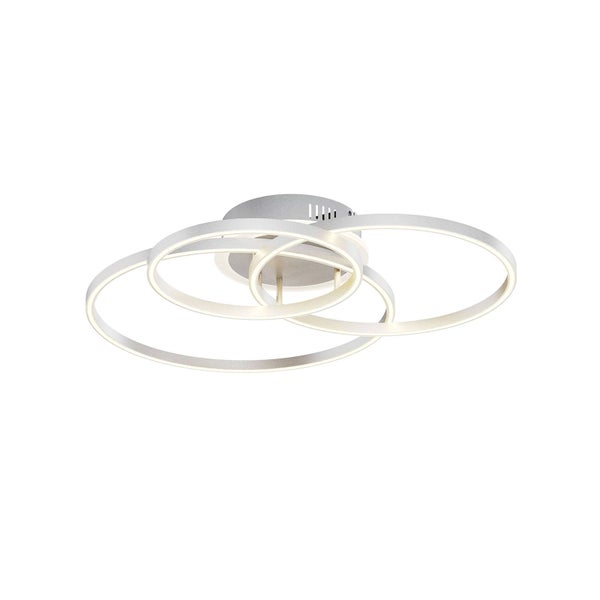 LED-Deckenleuchte aus silbernem Metall mit drei ineinander verschlungenen leuchtenden Ringen.