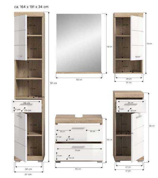Badezimmermöbel-Set in Eiche-Optik und Weiß mit Maßangaben in Zentimeter für Hochschrank, Unterschrank, Beistellschränke und Spiegel.