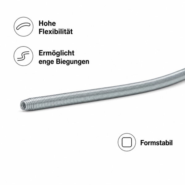 Flexibles Metallschutzrohr mit Hinweisen zur hohen Flexibilität, Eignung für enge Biegungen und Formstabilität.
