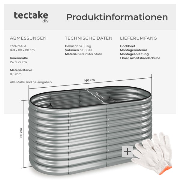 Hochbeet tectake Flormma 160 x 80 x 80 cm aus verzinktem Stahl silber