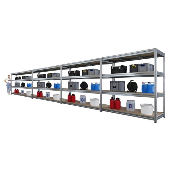 Langes Regal mit mehreren Ebenen zur Lagerung verschiedener Behälter und Boxen.