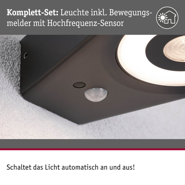 Außenleuchte mit integriertem Hochfrequenz-Bewegungsmelder zur automatischen Lichtsteuerung an einer Hauswand.
