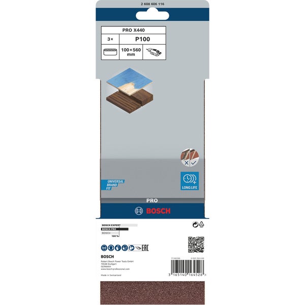 Bosch Schleifband-Set, Körnung P100, 100x560 Millimeter, Dreierpack