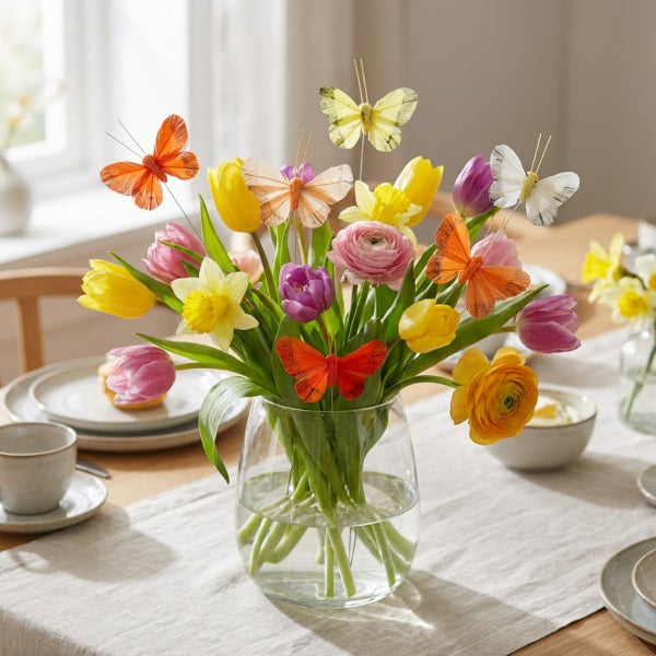Frühlingshafter Blumenstrauß aus Tulpen und Narzissen in einer Glasvase, dekoriert mit künstlichen Schmetterlingen auf einem gedeckten Esstisch.