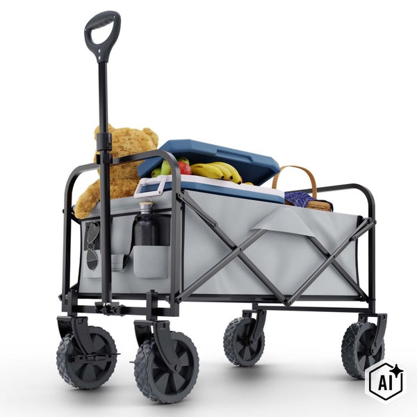 Zusammenklappbarer Bollerwagen mit Metallrahmen und Stoffbespannung für den Transport von Gegenständen bei Ausflügen.