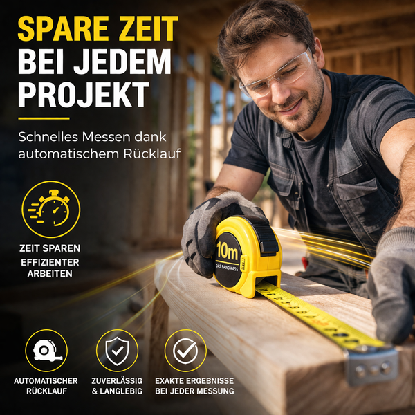 Handwerker nutzt ein gelbes 10 Meter Bandmaß auf Holzbalken in heller Werkstatt; automatischer Rücklauf für effizientes und präzises Messen.