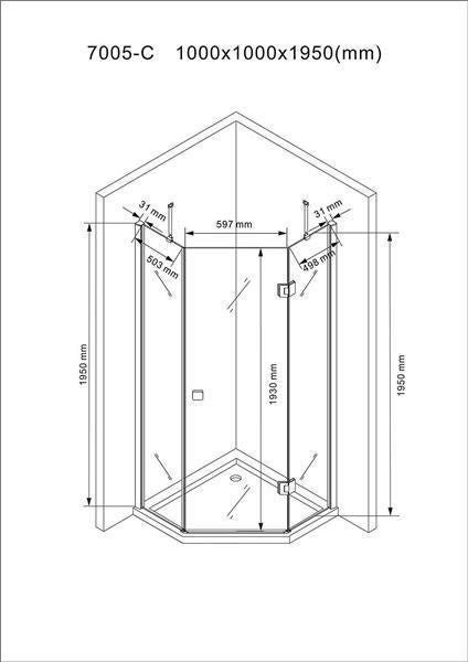 Technische Zeichnung einer Dusche mit Abmessungen