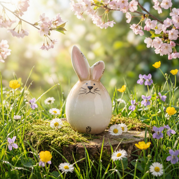 Keramik-Osterhase in Eiform auf einem moosigen Baumstumpf in einem hellen Frühlingsgarten mit Blumen und Kirschblüten.