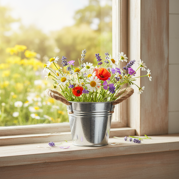 Ein rustikaler Metalleimer mit Jutehenkeln und einem Strauß aus Wildblumen wie Margeriten und Mohn auf einer hölzernen Fensterbank.