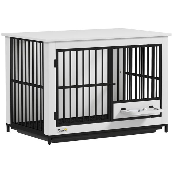 Weißer Hundekäfig aus Holz mit schwarzen Metallstäben, Indoor-Hundehütte mit integrierter Futterstation und zwei Näpfen, PawHut Logo