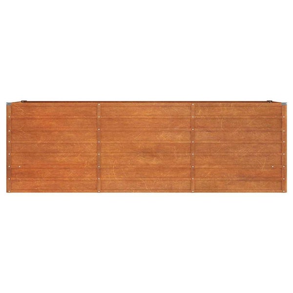 Längliches Hochbeet aus Holz mit horizontalen Holzlatten in der Seitenansicht.