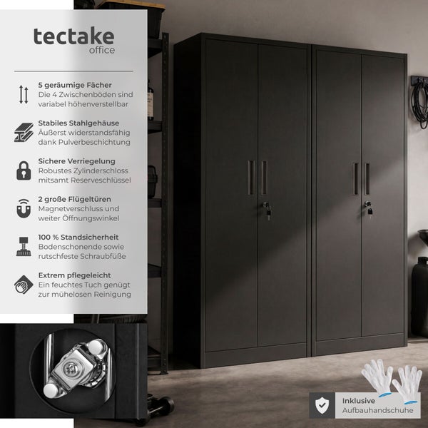 Tectake Büroschrank aus pulverbeschichtetem Stahl mit zwei Türen, Zylinderschloss und fünf Fächern inklusive Aufbauhandschuhen.