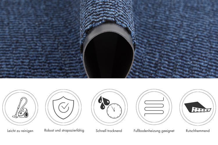 Detailansicht einer blauen Fußmatte mit Produkteigenschaften: leicht zu reinigen, robust, schnell trocknend, geeignet für Fußbodenheizung, rutschhemmend
