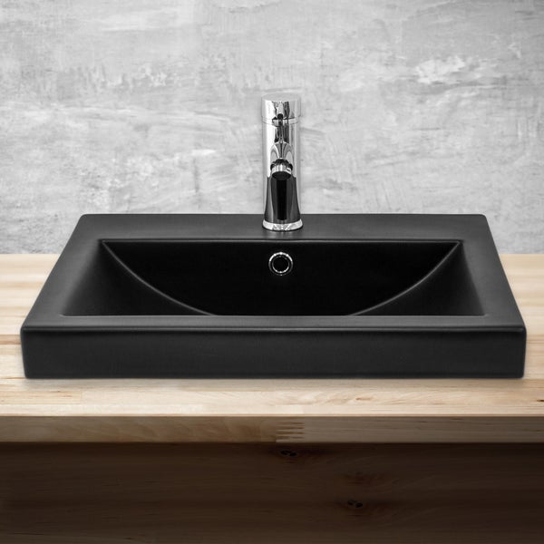 ML-Design Waschbecken aus Keramik Schwarz matt 53,5x46x16,5 cm Eckig, Einbauwaschbecken mit Hahnloch und Überlauf, Aufsatzwaschbecken Einbauwaschtisch Waschschale Handwaschbecken, für das Badezimmer