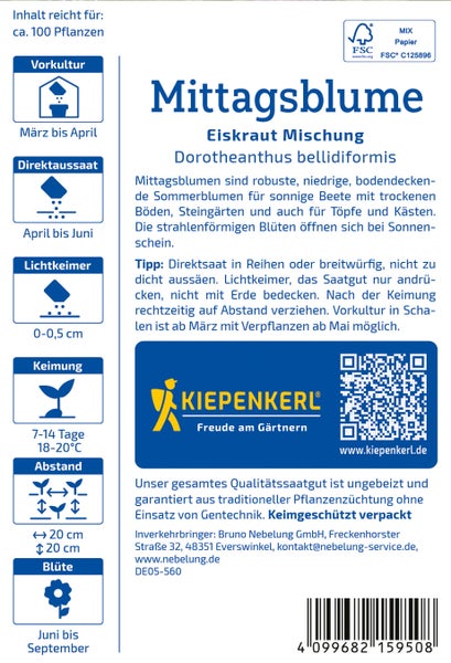Saatgut Tüte Mittagsblume Eiskraut Mischung von Kiepenkerl mit Pflanzinformationen und Anbauanleitung.