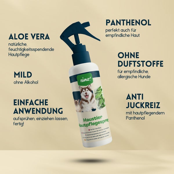 nimo® Haustier Hautpflegespray • mit Aloe Vera und Panthenol gegen Juckreiz und gereizte Haut