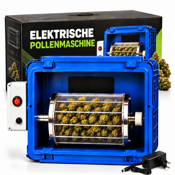 Elektrische Pollenmaschine mit rotierendem Siebgehäuse in einem blauen Kunststoffgehäuse inklusive Netzteil und Originalverpackung.