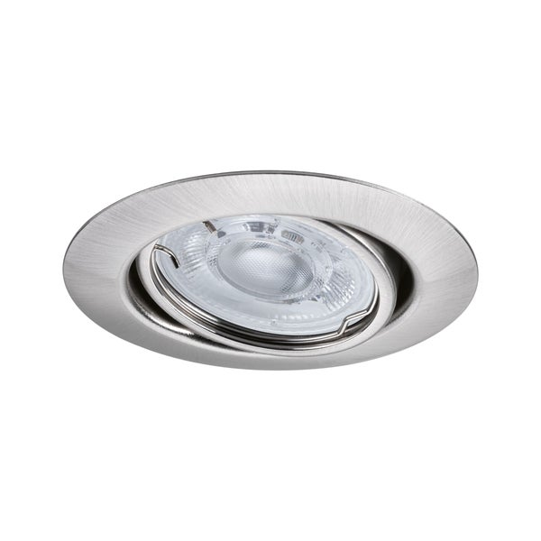 LED Einbaustrahler aus gebürstetem Metall, rund und schwenkbar.